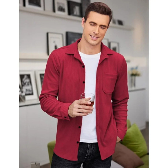 ❤️ Men's Corduroy Shirt Casual Shacket  Long Sleeve Button Down Jacket-Red - Picture 3 of 5